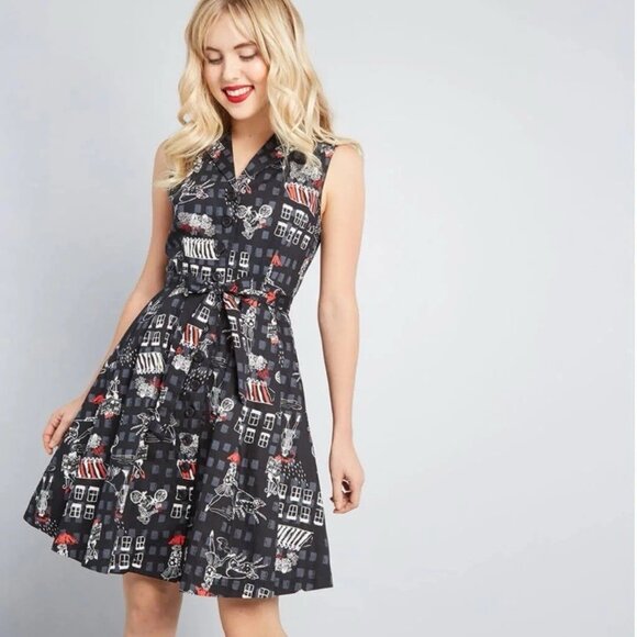 ModCloth Plus 1X Novelty Print Shirt Dress • Fit & Flare • Retro Black & Red - Picture 1 of 12